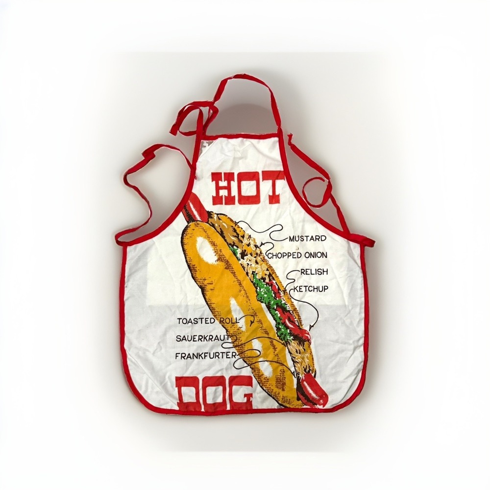 Vintage Hot Dog Novelty Bib Apron Cotton White/Red Adjustable Neck Ties